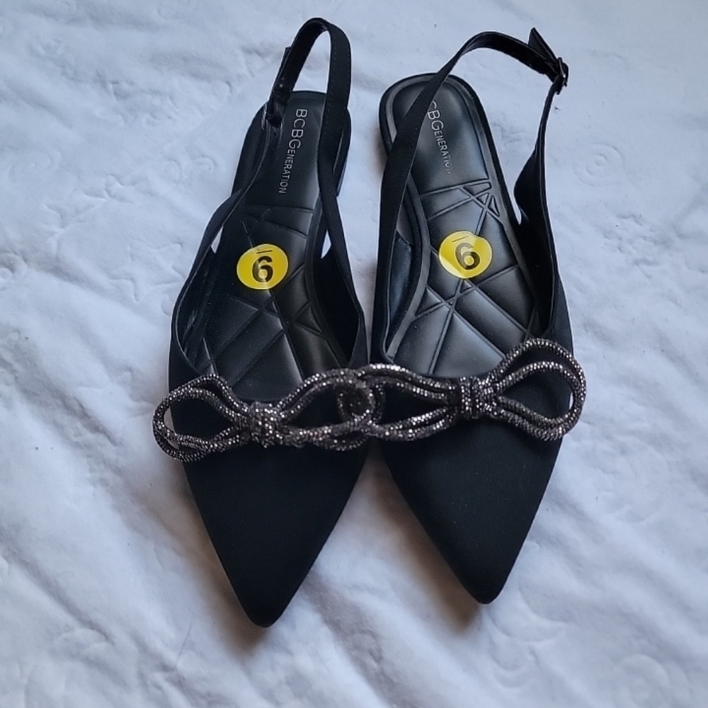BCBGeneration Black Flats with Silver Bow